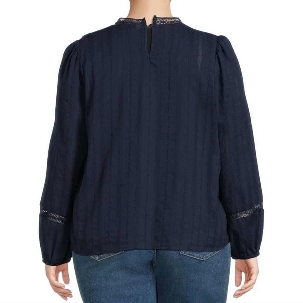 Cottagecore Blouse Navy Blue High Neck Elegant Crochet Lace Accents size 16-18 - Picture 2 of 15